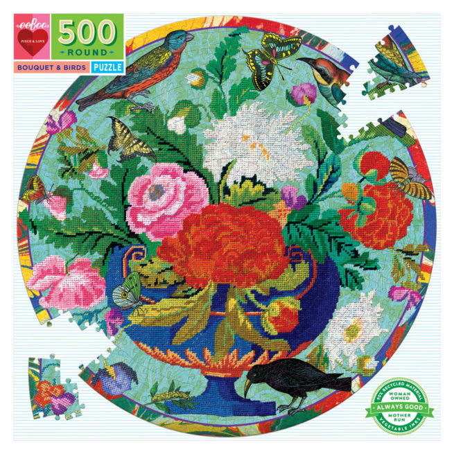 eeBoo 500 Pc Round Puzzle - Bouquet & Birds