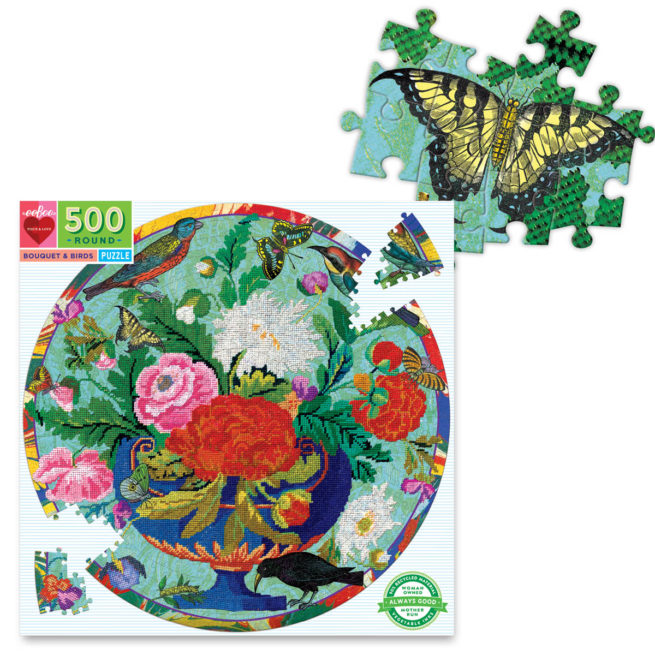 eeBoo 500 Pc Round Puzzle - Bouquet & Birds - Image 2