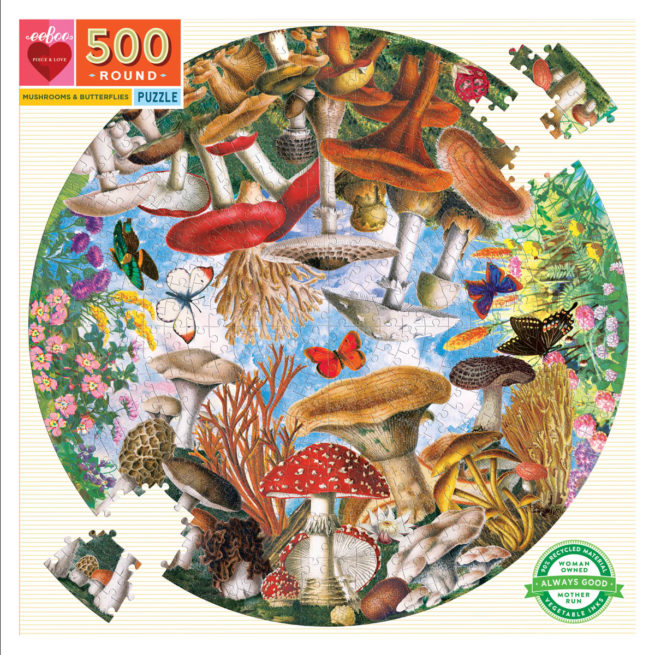eeBoo 500 Pc Round Puzzle - Mushroom & Butterflies